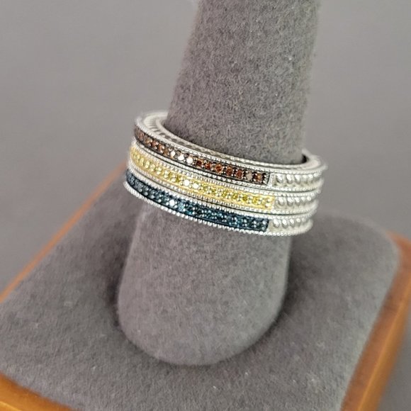 Set of 3 Sparkling Silver & Multi Color Sapphire Stackable Bands - Picture 2 of 10